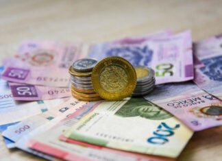 Mexican peso banknotes and coins
