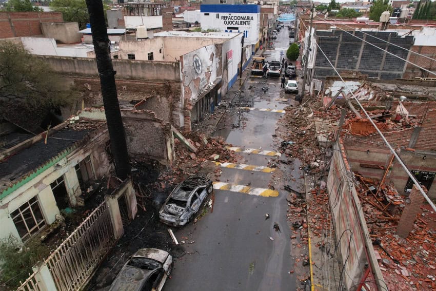 Damage from a car bomb at a police station and nearby buildings in Ojocaliente, Zacatecas