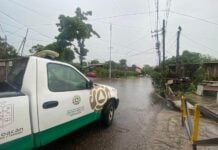 A Civil Protection vehicle drives through the rains of Hurricane Polo in Morelia, Michoacan