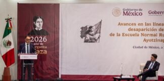 authorities with Mexico's Interior Ministry at a press conference on Ayotzinapa on Sept. 28, 2026