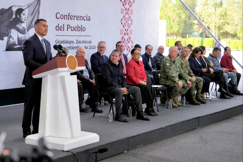 Security Minister Omar Garcia Harfuch stands with other security officials at a Zacatecas press conference