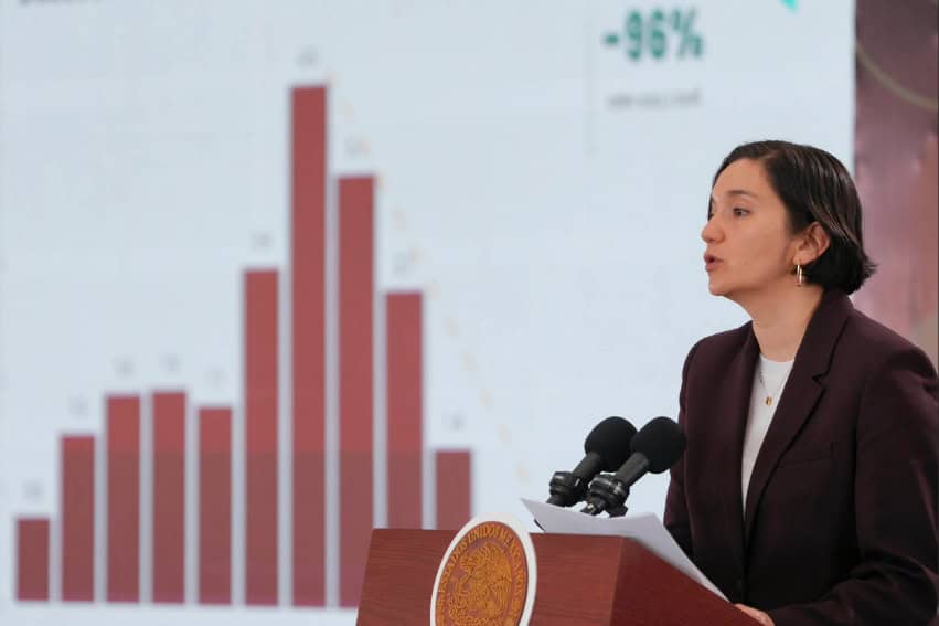 National Public Security System chief Marcela Figueroa in front of a bar chart