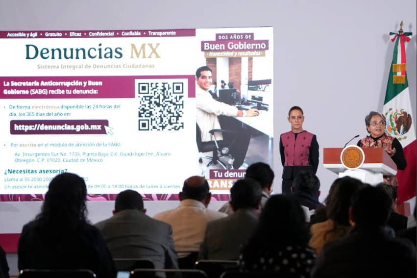 Anti-Corruption Minister Raquel Buenrostro shares a slide about the corruption report website DenunciasMX