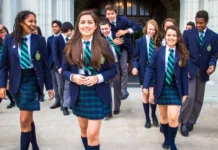 Girls in uniform at a private school in Mexico