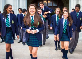 Girls in uniform at a private school in Mexico