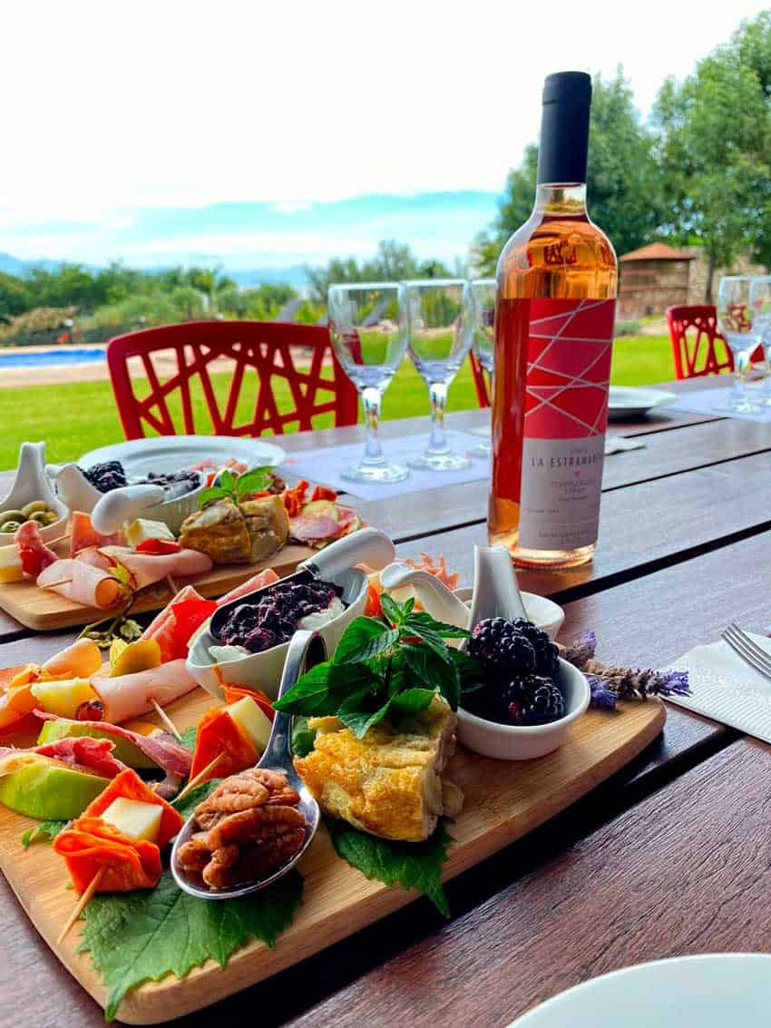 Food and wine pairings on a table at Finca La Estramancia near Lake Chapala