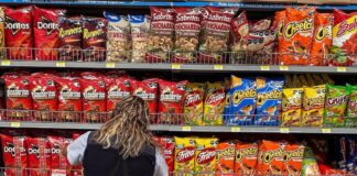 salty snacks in a grocery aisle