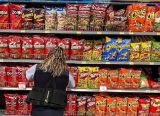 salty snacks in a grocery aisle