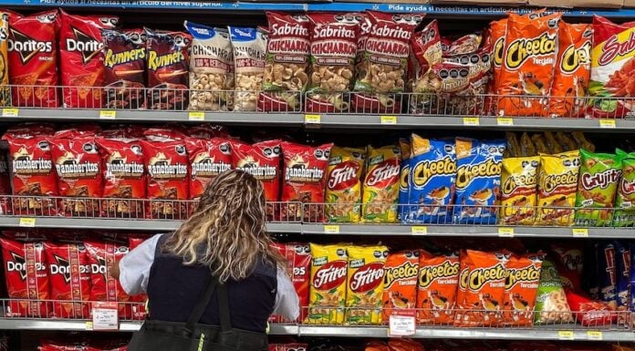 salty snacks in a grocery aisle