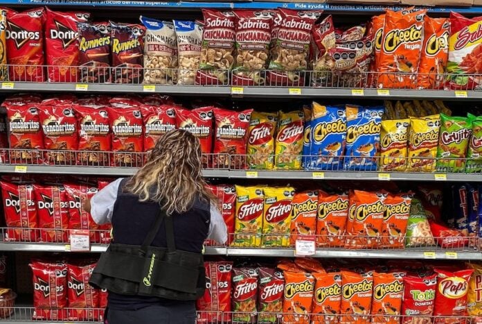 salty snacks in a grocery aisle