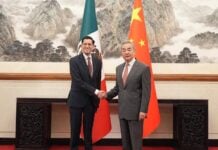 Mexico's Foreign Affairs Minister Roberto Velasco shakes hands with his Chinese counterpart Wang Yi in Beijing