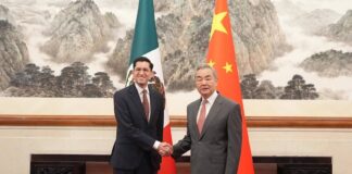 Mexico's Foreign Affairs Minister Roberto Velasco shakes hands with his Chinese counterpart Wang Yi in Beijing