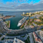 An aerial view of Puerto Vallarta's three cruise ship docks in a downtown marina