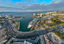 An aerial view of Puerto Vallarta's three cruise ship docks in a downtown marina