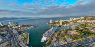 An aerial view of Puerto Vallarta's three cruise ship docks in a downtown marina.