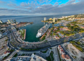 An aerial view of Puerto Vallarta's three cruise ship docks in a downtown marina