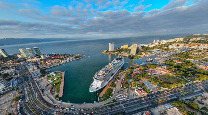 An aerial view of Puerto Vallarta's three cruise ship docks in a downtown marina