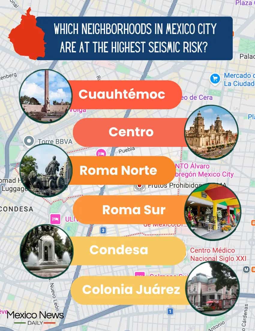 Infographic of Mexico City neighborhoods with high seismic risk.