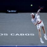 Denis Shapovalov serving in the final of the 2026 Los Cabos Tennis Open