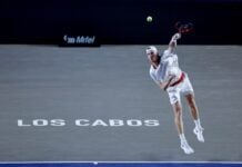 Denis Shapovalov serving in the final of the 2026 Los Cabos Tennis Open