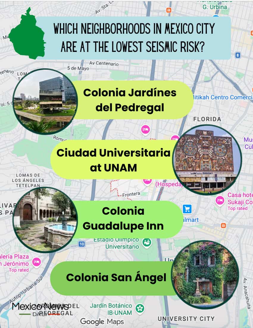 Infographic showing Mexico City's safest neighborhoods during an earthquake.