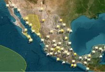 Maps shows temperatures across Mexico on Sept. 10; yellow polygons indicate rain warnings in northwest Mexico while in the Pacific, Tropical Storm Norbert heads out to sea