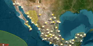 Maps shows temperatures across Mexico on Sept. 10; yellow polygons indicate rain warnings in northwest Mexico while in the Pacific, Tropical Storm Norbert heads out to sea