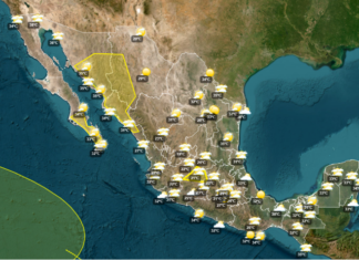 Maps shows temperatures across Mexico on Sept. 10; yellow polygons indicate rain warnings in northwest Mexico while in the Pacific, Tropical Storm Norbert heads out to sea