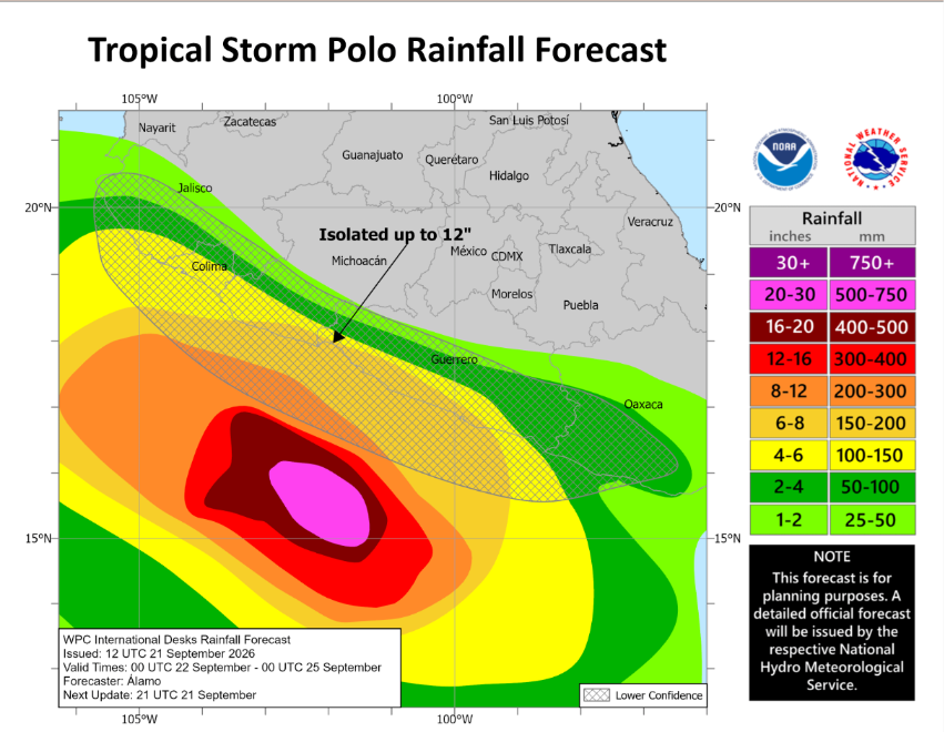 Hurricane Polo predicted rainfall in Mexico