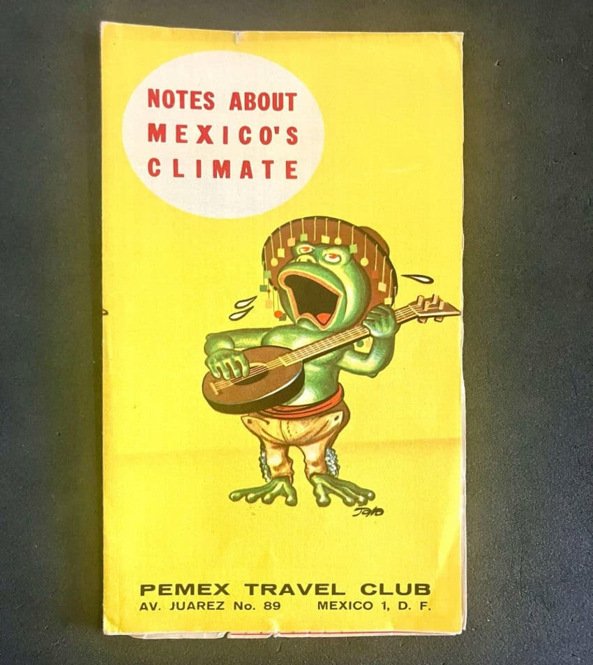 A green frog playing a banjo and singing with a yellow backdrop.