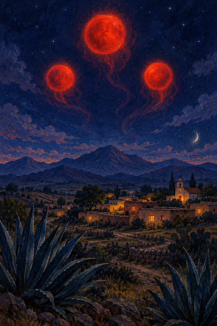Red orbs floating in the night sky.