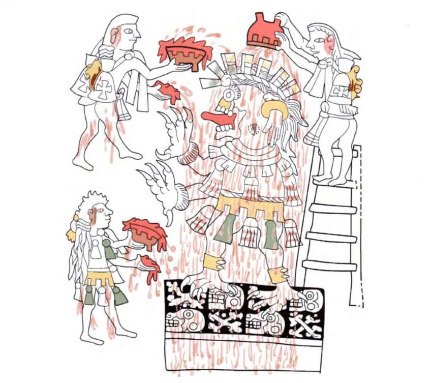 Ilustración del sacrificio de sangre realizado por los mexicas en el siglo XVI.