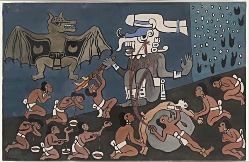 Ilustración de sacrificio humano del período Posclásico Tardío maya