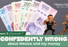 YouTube video thumbnail shows mexican pesos and cartoons of the hosts with the title "Confidently Wrong about Mexico and My Money"