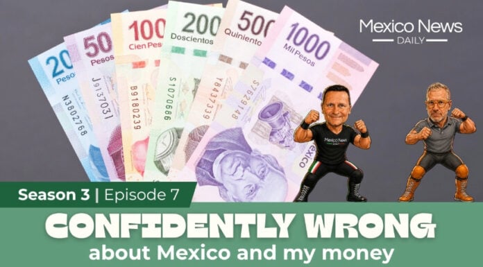 YouTube video thumbnail shows mexican pesos and cartoons of the hosts with the title "Confidently Wrong about Mexico and My Money"
