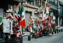 Vendors line the street of Mexico City's historic center during Independence Day celebrations.