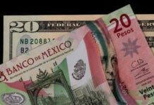 A 20-Mexican peso bill and a 20-US dollar bill