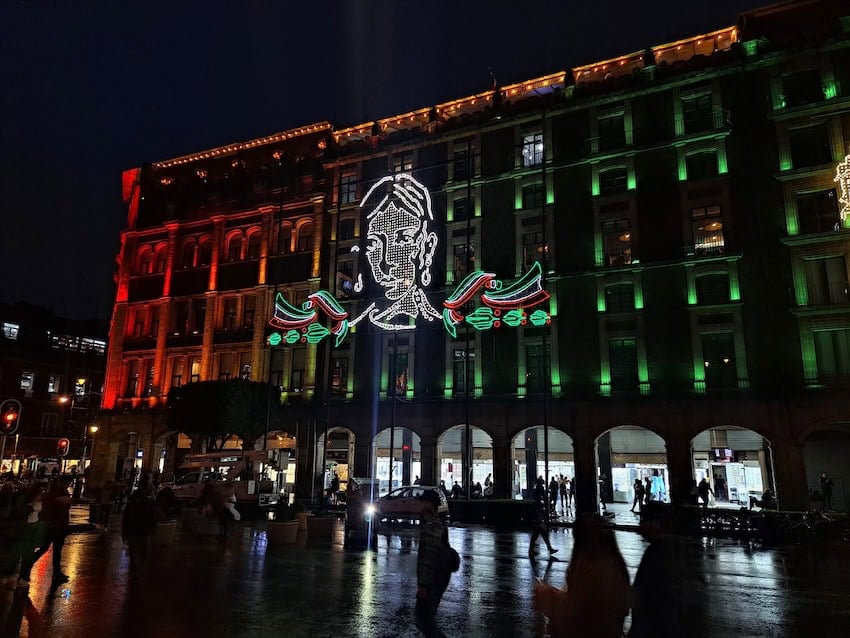 An evening view of Mexico City's Zócalo during Independence Day celebrations.