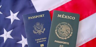 United States and Mexican passports on American flag background, dual citizenship and international travel concept