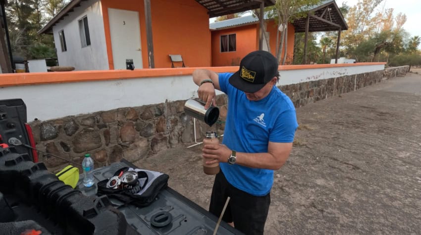 Tailgate coffee making at Ignacio Springs in Baja California Sur