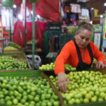 A woman arranges limes at a Mexican market display with price signs