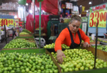 A woman arranges limes at a Mexican market display with price signs