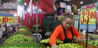 A woman arranges limes at a Mexican market display with price signs