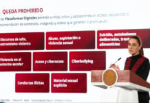 President Sheinbaum with a presentation reading "Queda prohibido" with a list of topics that will prohibited for minors on social media, at her Oct. 9 mañanera press conference
