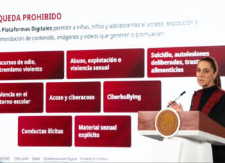 President Sheinbaum with a presentation reading "Queda prohibido" with a list of topics that will prohibited for minors on social media, at her Oct. 9 mañanera press conference