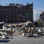 Giant bones in a pile in the Mexico City Zócalo as the city prepares to install a giant catrina figure in the Zócalo ahead of Día de Muertos next week.