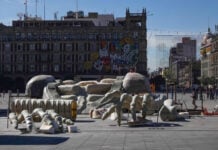 Giant bones in a pile in the Mexico City Zócalo as the city prepares to install a giant catrina figure in the Zócalo ahead of Día de Muertos next week.