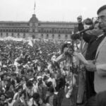 Cuauhtémoc Cárdenas appears with Porfirio Muñoz in the Mexico City Zócalo in 1988, during the founding of the PRD party.