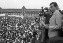Cuauhtémoc Cárdenas appears with Porfirio Muñoz in the Mexico City Zócalo in 1988, during the founding of the PRD party.