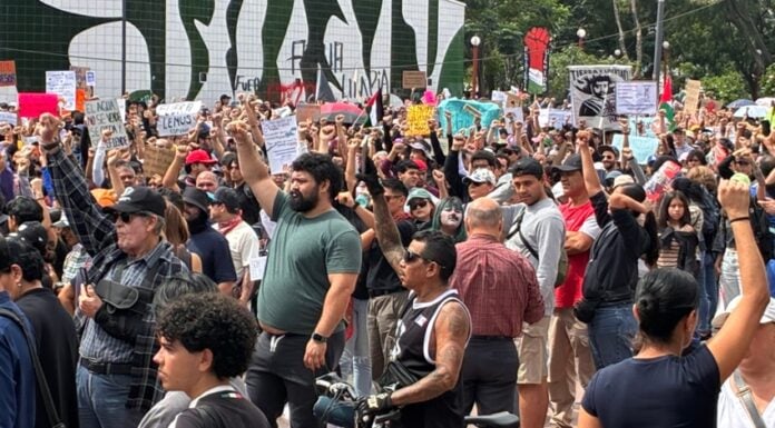 Protesters raise fists in solidarity at Guadalajara water protest.